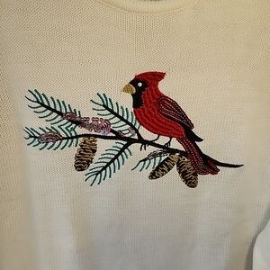 Ivory Long Sleeve Sweater Red Cardinal Embroidered Christmas Holidays Womens XL